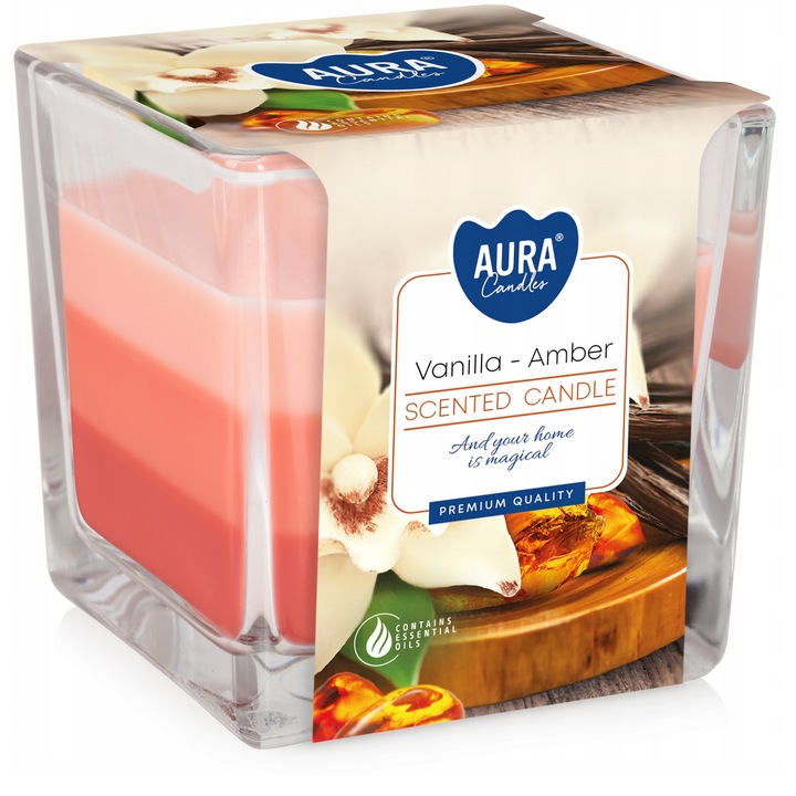 Lumanare parfumata Aura, Vanilie - Ambra, design patrat, 8x8x8 cm, 32 ore ardere