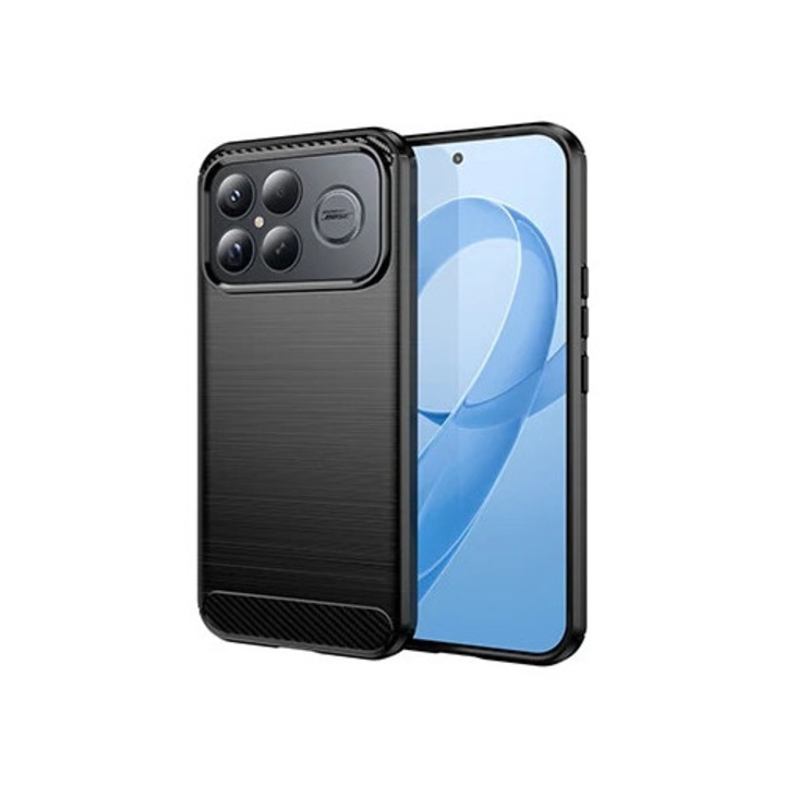Husa pentru Xiaomi Poco F8 Ultra, SKYDDAR INNOVATION, Carbon Silicone, din Silicon Slim, cu textura Fibra Carbon, set cu sticker, Negru