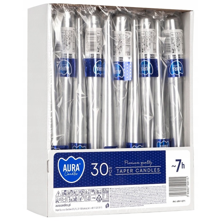 Set 30 lumanari conice argintii, 24.5x2.3cm, 7 ore ardere, Aura