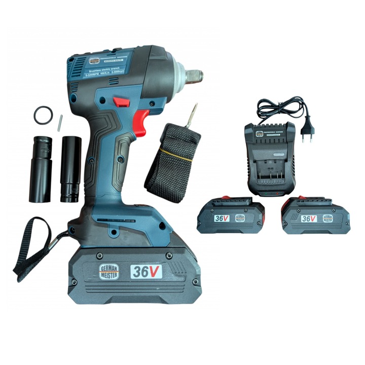 Pistol Impact German Meister, Brushless, 400 Nm, 36V 8Ah, 0–3000 rpm, 0–3200 bpm, cu 2 Acumulatori si Tubulare 17–19 mm