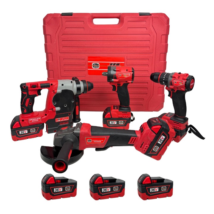 Trusa German Meister 4-in-1, 36V 8Ah cu 3 Acumulatori, Flex Ø125 mm, Pistol Impact Brushless, Bormasina si Rotopercutor Brushless, Afisaj Baterie