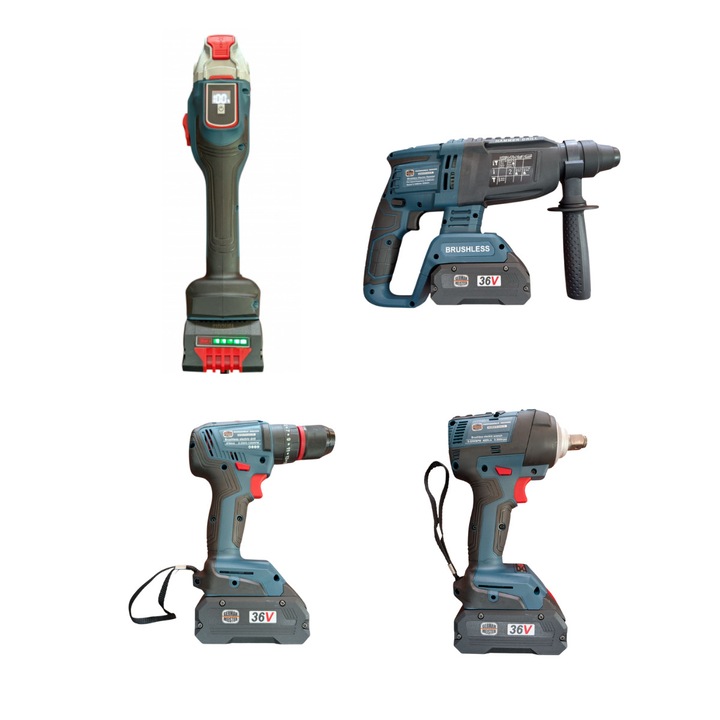 Trusa German Meister 4-in-1, 36V 8Ah cu 3 Acumulatori, Flex Ø125 mm, Pistol Impact 400 Nm, Bormasina si Rotopercutor Brushless, Afisaj Baterie