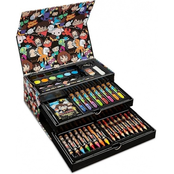 Set creativ de pictat cu Harry Potter, 42 piese, creioane cerate, carioci, acuarele si accesorii, in trusa, Maro