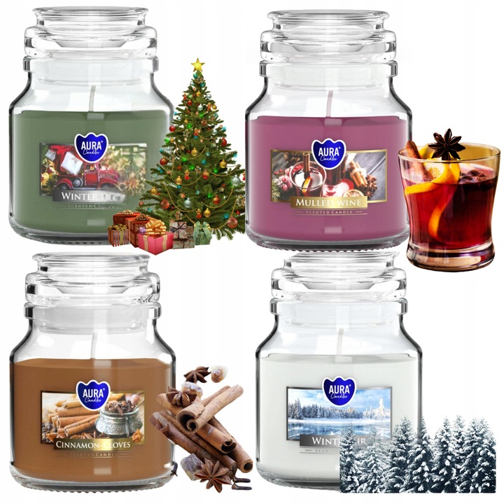 Set 4 Lumânări Parfumate Aura, 120g fiecare, Vin Fiert, 28h Ardere