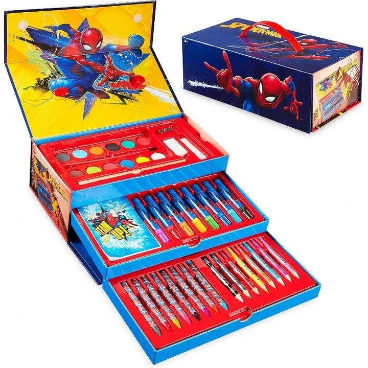 Set creativ de pictat cu Marvel Spider-Man, 42 piese, creioane cerate, carioci, acuarele si accesorii, in trusa