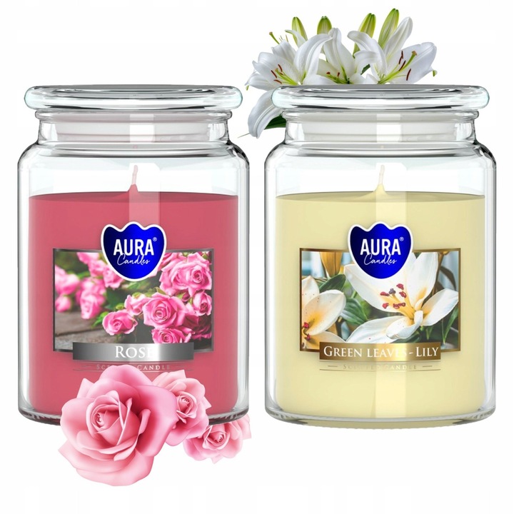 Set 2 Lumanari Parfumate Aura, 500g, Sticla, Trandafir si Liliac, 100h ardere