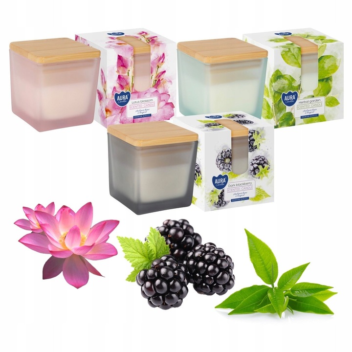 Set 3 Lumânări Parfumate, Aura, Sticlă cu Capac, 26h ardere, Floare de Lotus, 80x80mm