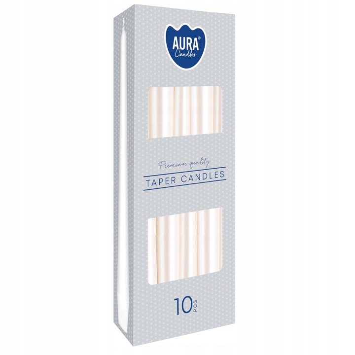 Set 10 Lumanari Conice Albe Perlante AURA, 24.5cm, Fara Picurare