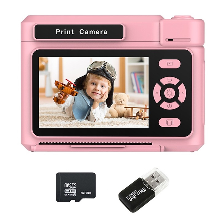Детски фотоапарат, 32GB, 1080P, 2,4-инчов HD екран, моментален печат, 1500mAh батерия, вградени множество филтри, розов