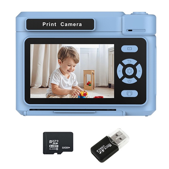 Детски фотоапарат, 32GB, 1080P, 2,4 инчов HD екран, моментален печат, 1500mAh батерия, вградени множество филтри, син