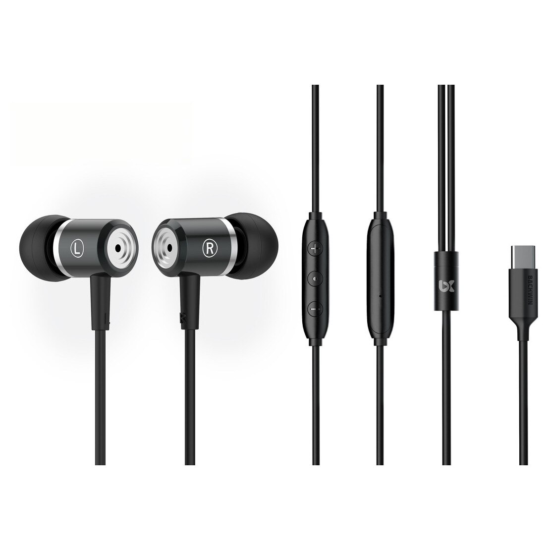 Casti cu fir, Backwin, in-ear, negru, USB Type-C, volum reglabil, microfon, sunet HiFi