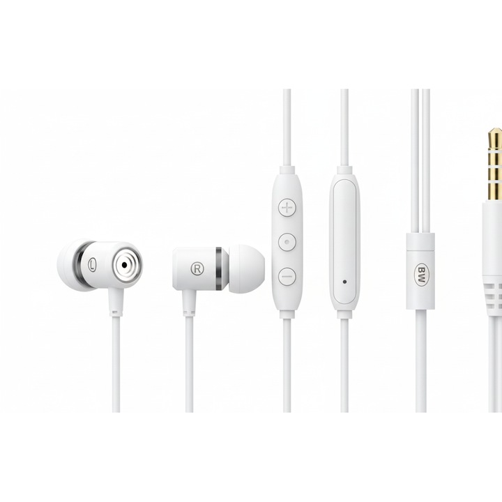 Casti cu fir in‑ear, B330, cu mufa 3.5mm, albe, volum reglabil, microfon integrat, sunet HiFi stereo, reproducere pura a sunetului, fara baterie, cablu rezistent anti‑incurcare, compatibil telefoane Android, tablete, laptopuri, PC cu jack 3.5mm