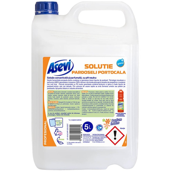 Solutie curatat podele Asevi 5L, parfum portocala, formula concentrata, ambalaj ergonomic
