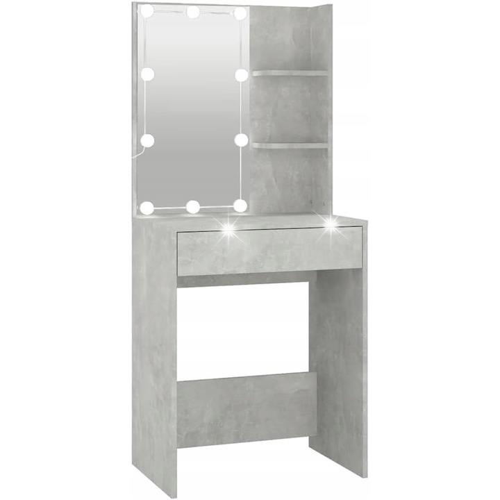 Toaleta moderna cu oglinda LED, design asimetric, 1 sertar, 2 polite, gri