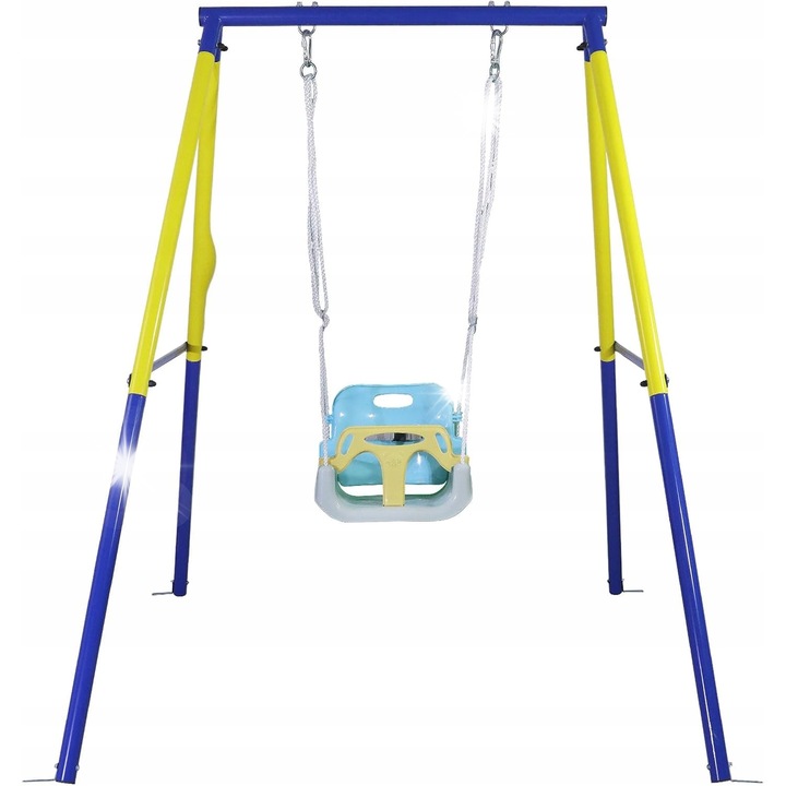 Balansoar pentru bebelusi, galben-albastru, dimensiuni 43x33x38cm, inaltime reglabila 120-183cm, set cu suport in forma de A