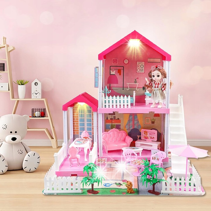 Castel pentru papusi Princess Castle, set complet cu accesorii, 2 etaje, 3 camere, culori vii, 50 cm