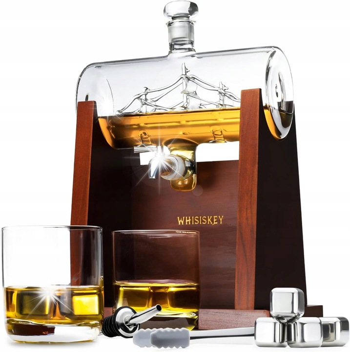 Set de whisky, karafa in forma de zagaz, 1100ml, 2 pahare, 4 pietre de racire, cutie de lux