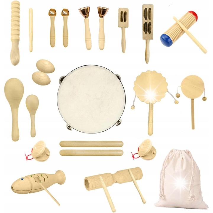 Set de instrumente muzicale din lemn, 27 elemente, natural, pentru copii, cu torba din bumbac