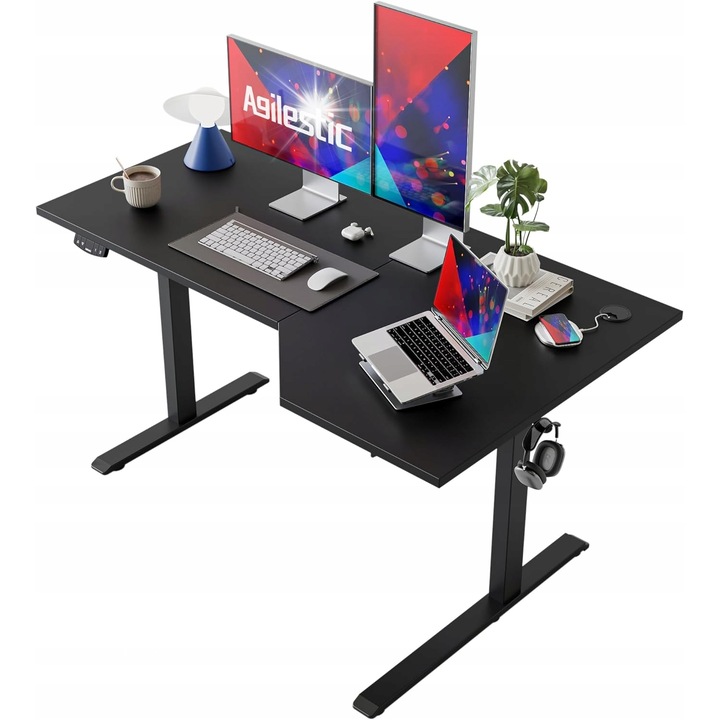 Birou ergonomic L, electric reglabil, 140x90cm, negru, set complet