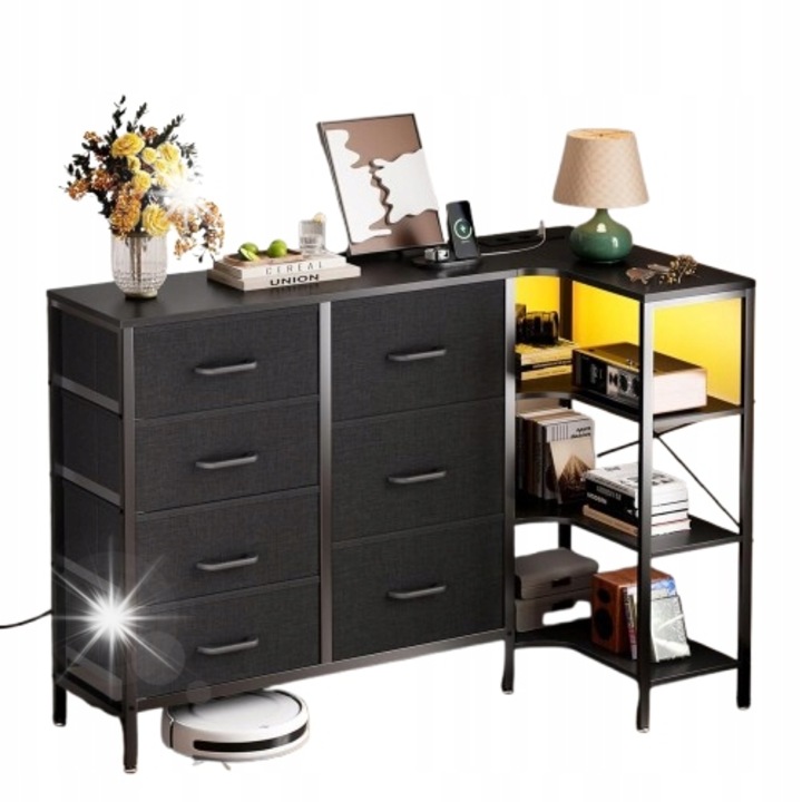 Comoda coltara cu iluminare LED si porturi USB, 7 sertare, 3 polite, multicolor, dimensiuni L