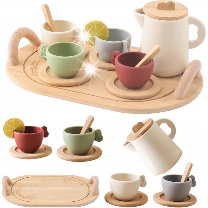 Set de ceai din lemn pentru copii, 13 piese, accesorii de bucatarie, multicolor, 10,4x6,8cm