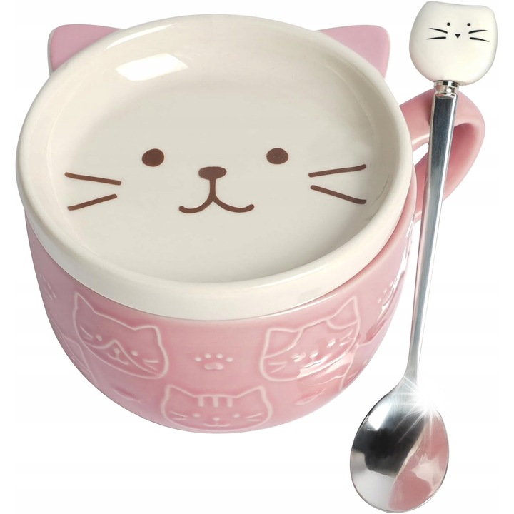 Cana ceramica cu capac si lingurita, design cu animale, 300ml, 13,5x5,8cm, set multifunctional