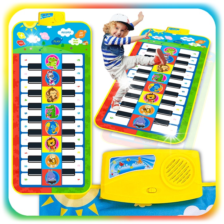 Covor muzical interactiv de dans, 24 clape, 8 animale cu sunete, 112x50cm, multicolor, pentru copii 18m+