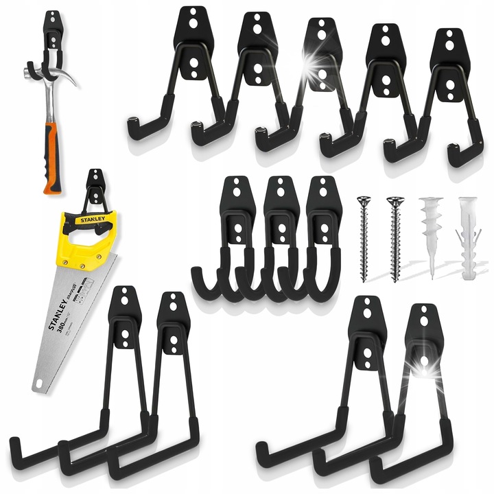 12 db-os dupla garázskampó készlet, univerzális, fekete, különböző méretek