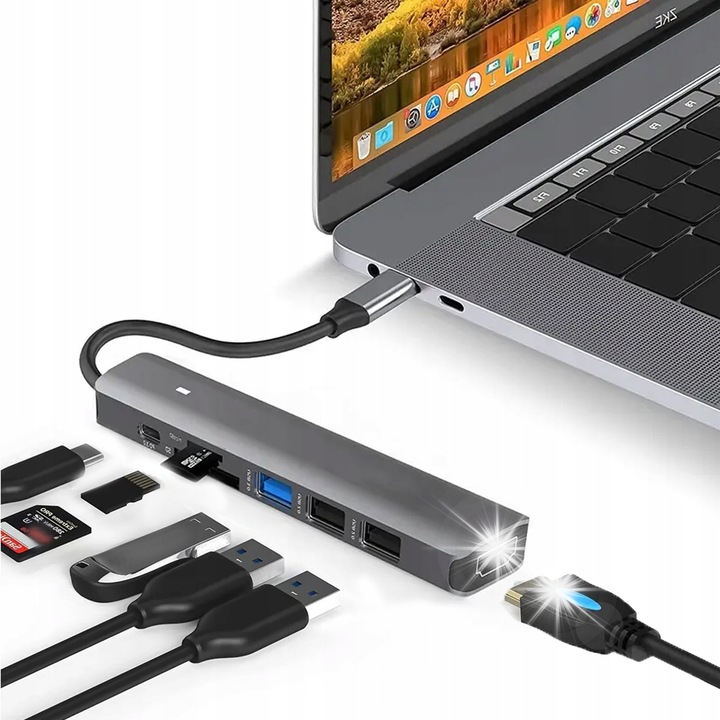 ХЪБ USB-C 7в1, HDMI 4K, USB 3.0, SD, Захранване 100W