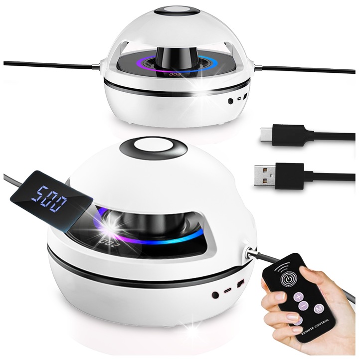 Coarda de sarit automata pentru copii, alba, cu LED, pilot si muzica Bluetooth, dimensiuni 136x130x95mm, set complet