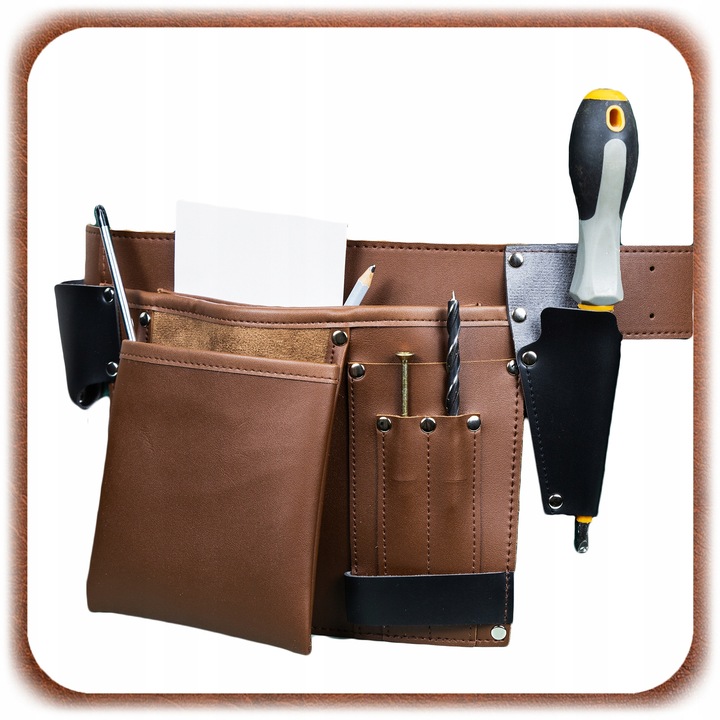 Bőr szerszámöv, 75-100 cm, 6 zseb, nedvességálló, építőiparhoz