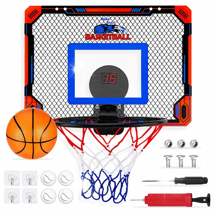 Elektronikus kosárlabda palánk, komplett szett labdával és pumpával, 40x30cm, fúrás nélküli rögzítés
