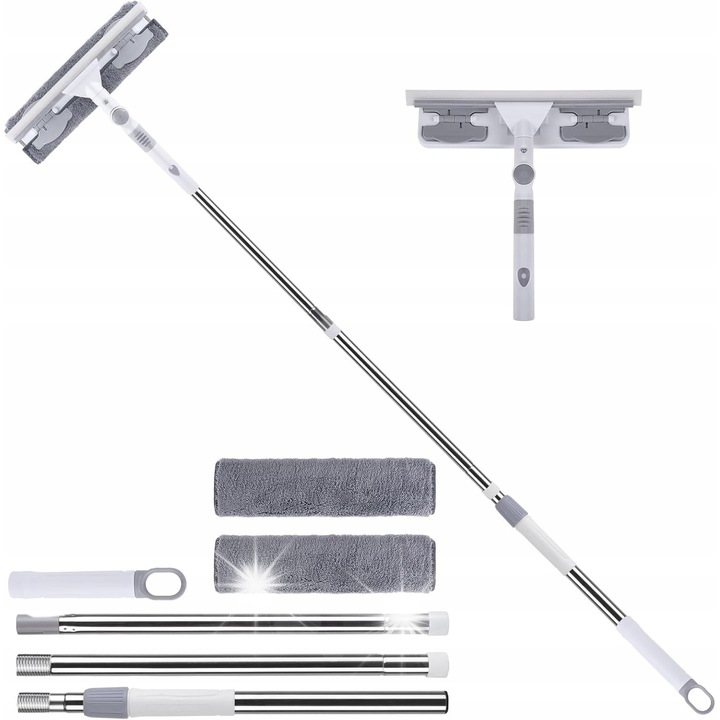 Mop telescopic 3 in 1 pentru podele, ferestre si oglinzi, lungime 180 cm, 2 accesorii, cu racleta