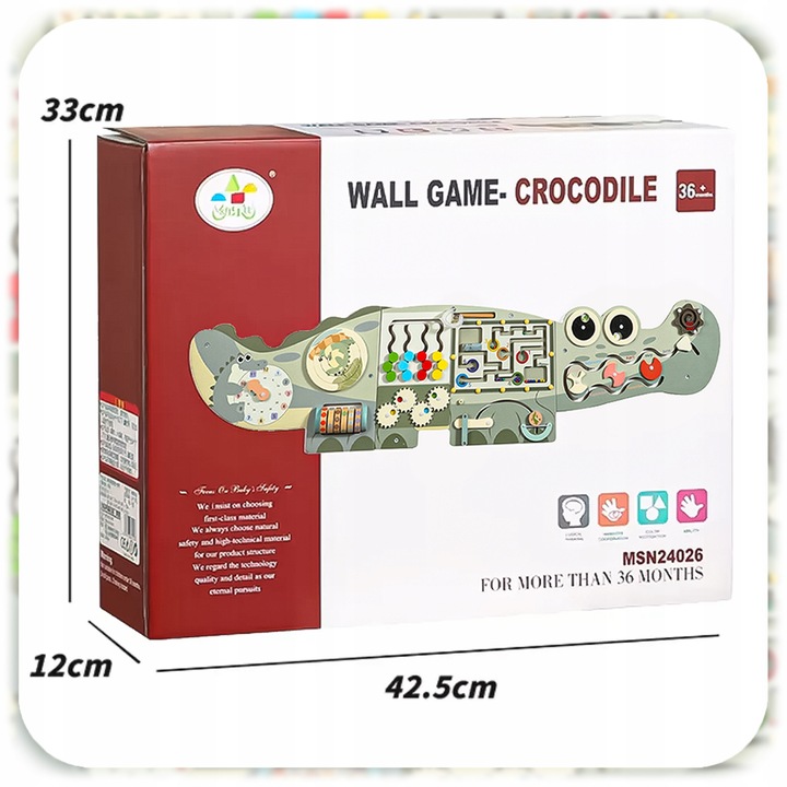 Tabla senzoriala manipulativa Montessori din lemn, crocodil, 118cm, set jocuri educative