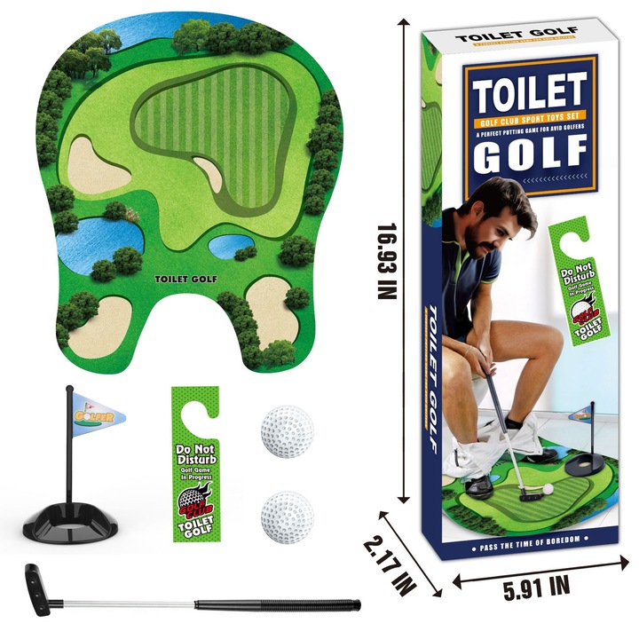 Set joc golf pentru toaleta, cadou haios pentru barbati, include 1 putter, 2 mingi, 1 gaura cu stegulet, 1 zona verde, 1 placuta "Nu deranjati"