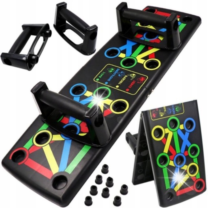 Set accesorii fitness, deska multifunctionala pentru flotari, 5 benzi de rezistenta, 65x19cm, multicolor