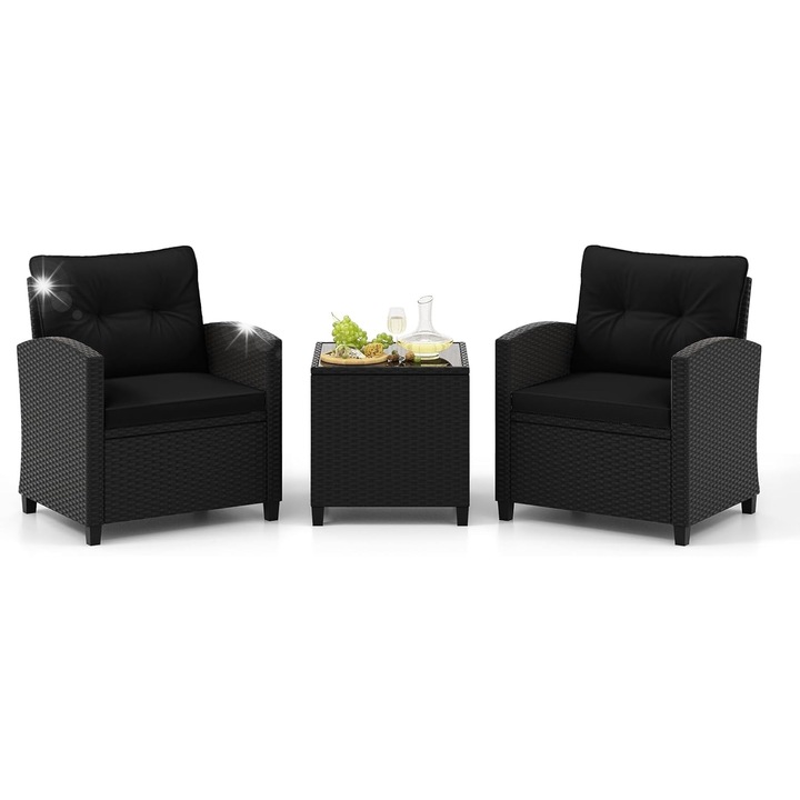 Set mobilier gradina 3 piese, masa cu 2 scaune, rattan negru, dimensiuni masa 50x50x52cm, dimensiuni scaun 65x66x76cm