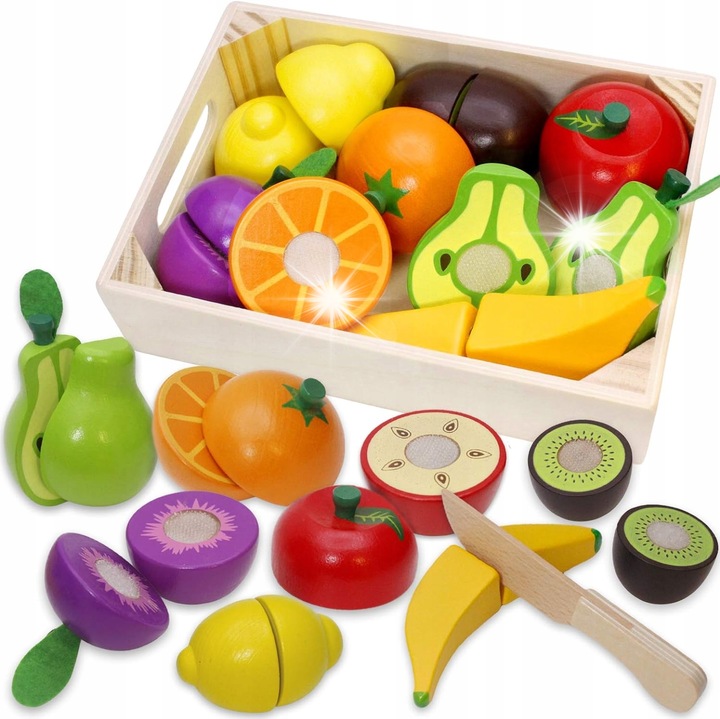 Set de jucarii din lemn pentru bucatarie, fructe de taiat, Airlab, ecologice, sunet realist, dimensiuni potrivite pentru mainile mici