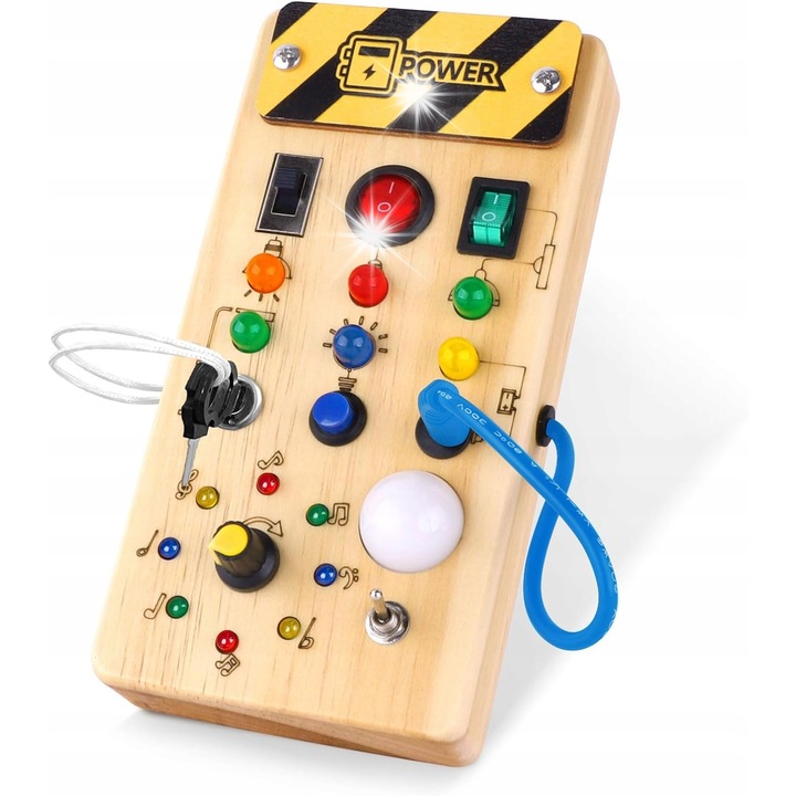 Tablica Montessori, jucarie educativa din lemn, cu LED-uri, 8 comutatoare, 1 an+