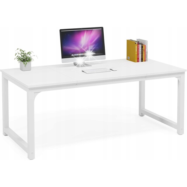 Birou computer, 160x80x75cm, lemn natural cu baza alba, design modern, constructie stabila
