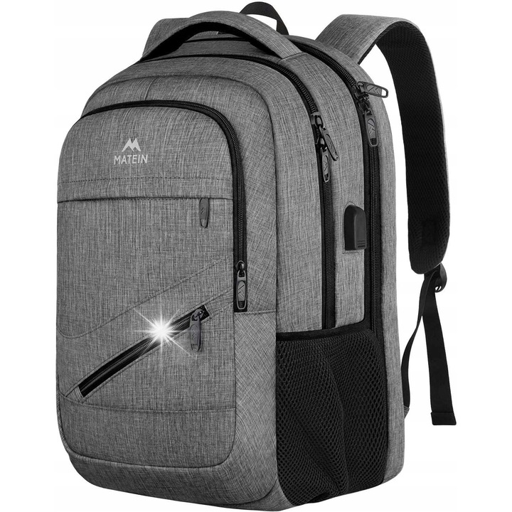 Hátizsák USB porttal, szürke, 13"-15,6" laptophoz, több rekesszel, poggyászpánttal
