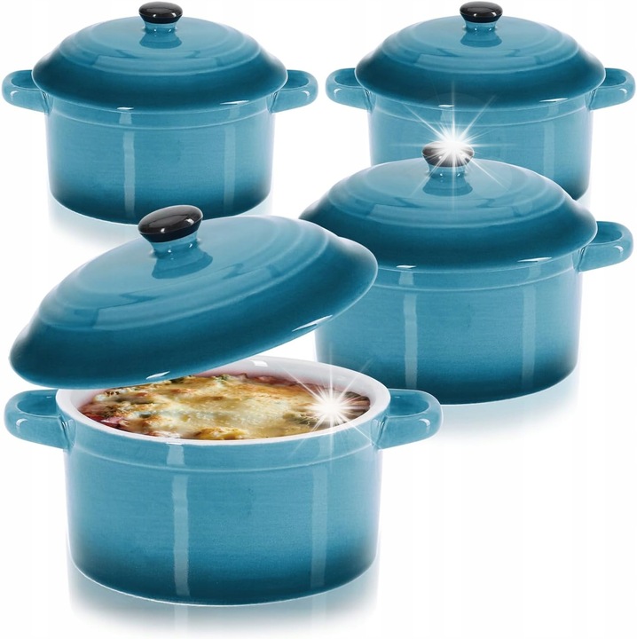 4 darab hőálló kerámia edény fedővel, 300 ml, kék, 14x10,5x8,5 cm