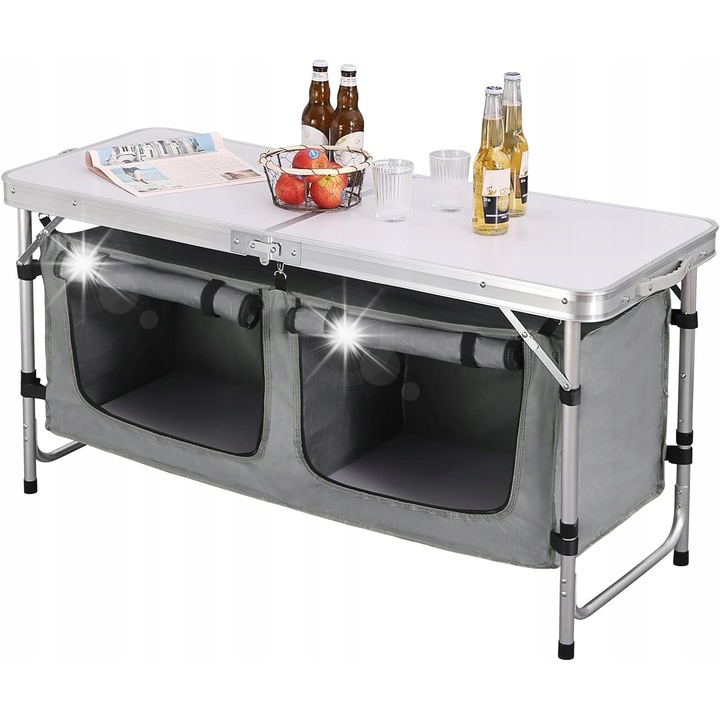 Masa camping, model pliabil, dimensiune XL, 120x69x47cm, gri + negru, cu geanta de transport