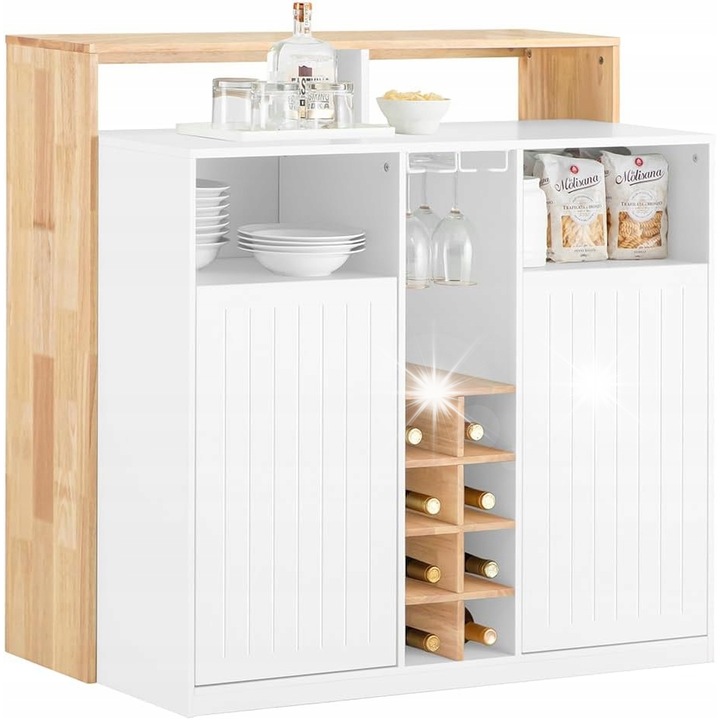 Dulap bucatarie, insula din lemn de cauciuc, 105x105x60cm, cu rafturi, suporturi pentru pahare