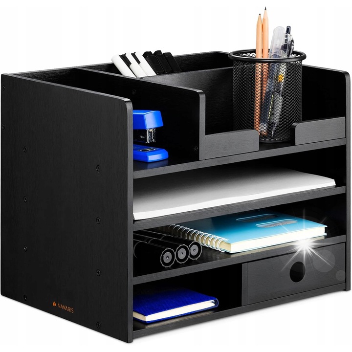 Organizer birou din bambus, negru, 33x24x26cm, cu compartimente si sertare, set complet