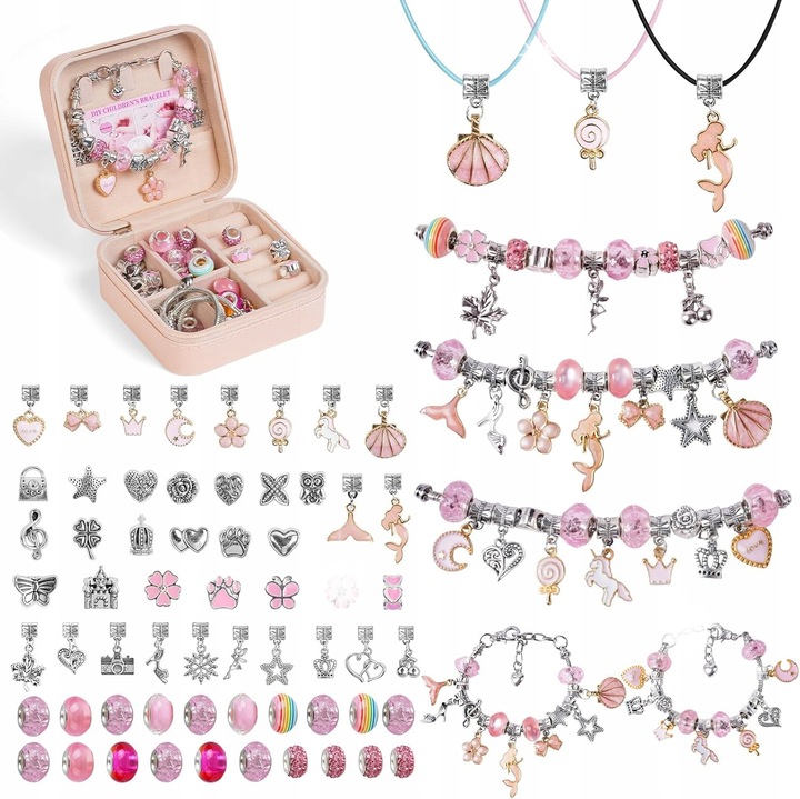Set de creatie bratari cu pandantive, roz, 20 margele metalice, 20 charms, 20 margele cristal, 3 bratari, 3 coliere, pentru copii