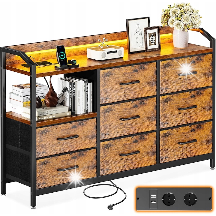 Comoda cu 8 sertare, iluminare LED, 110x30x88cm, stil modern/vintage, multicolor