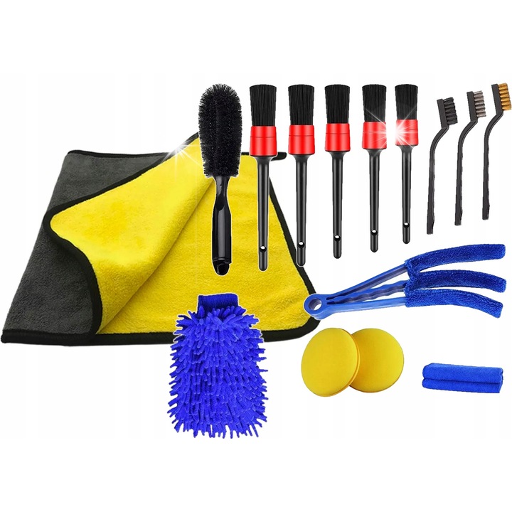 Set detailing auto 16 elemente, microfibra 800g/m2, pensule, perii, manusa, 40x40cm