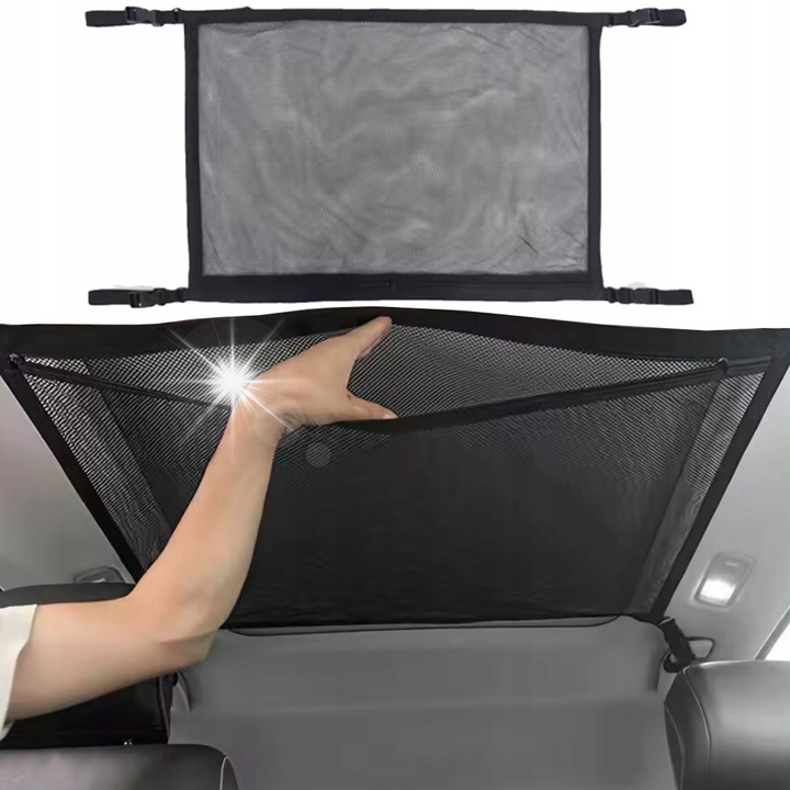 Suport de organizare pentru plafon auto, 80x55cm, cu doua niveluri, montare ajustabila 75-115cm, nylon, D-ring metalic