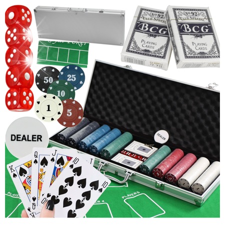 Set joc poker Texas 500 jetoane 5 nominale 2 talie carti, valiza